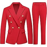 MODFUL Women's Double Breasted Blazer and Pants Set Gold Button Suit for Office Work