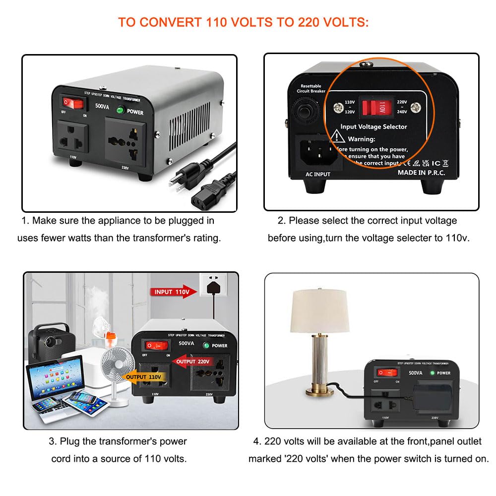 Yinleader 500W Voltage Transformer Power Converter(110V to 220V, 220V to 110V) Step Up/Down Converter 110/120 Volt - 220/240 Volt w/US Power Cord [300W Continuous Power]