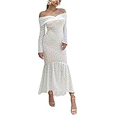 CurvySweet Women's Off The Shoulder Lace Maxi Dress Built-in Bra Long Sleeve Elegant Formal Cocktail Evening Gown