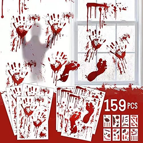 Window Treatments - 159 PCS Halloween Decorations, 8 Sheets Terror Bloody Handprint Footprint Window Stickers, 8 Sheets Tattoo Stickers, Halloween Party Indoor/Outdoor Decoration,Spooky Wall Decal and Floor Stickers