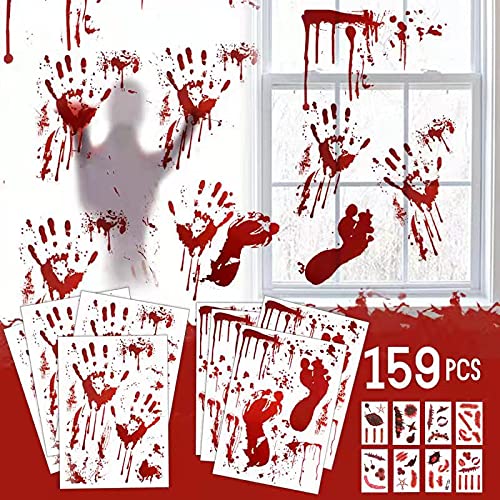 Photo 1 of 159 PCS Halloween Decorations, 8 Sheets Terror Bloody Handprint Footprint Window Stickers, 8 Sheets Tattoo Stickers, Halloween Party Indoor/Outdoor Decoration, Spooky Wall Decal and Floor Stickers