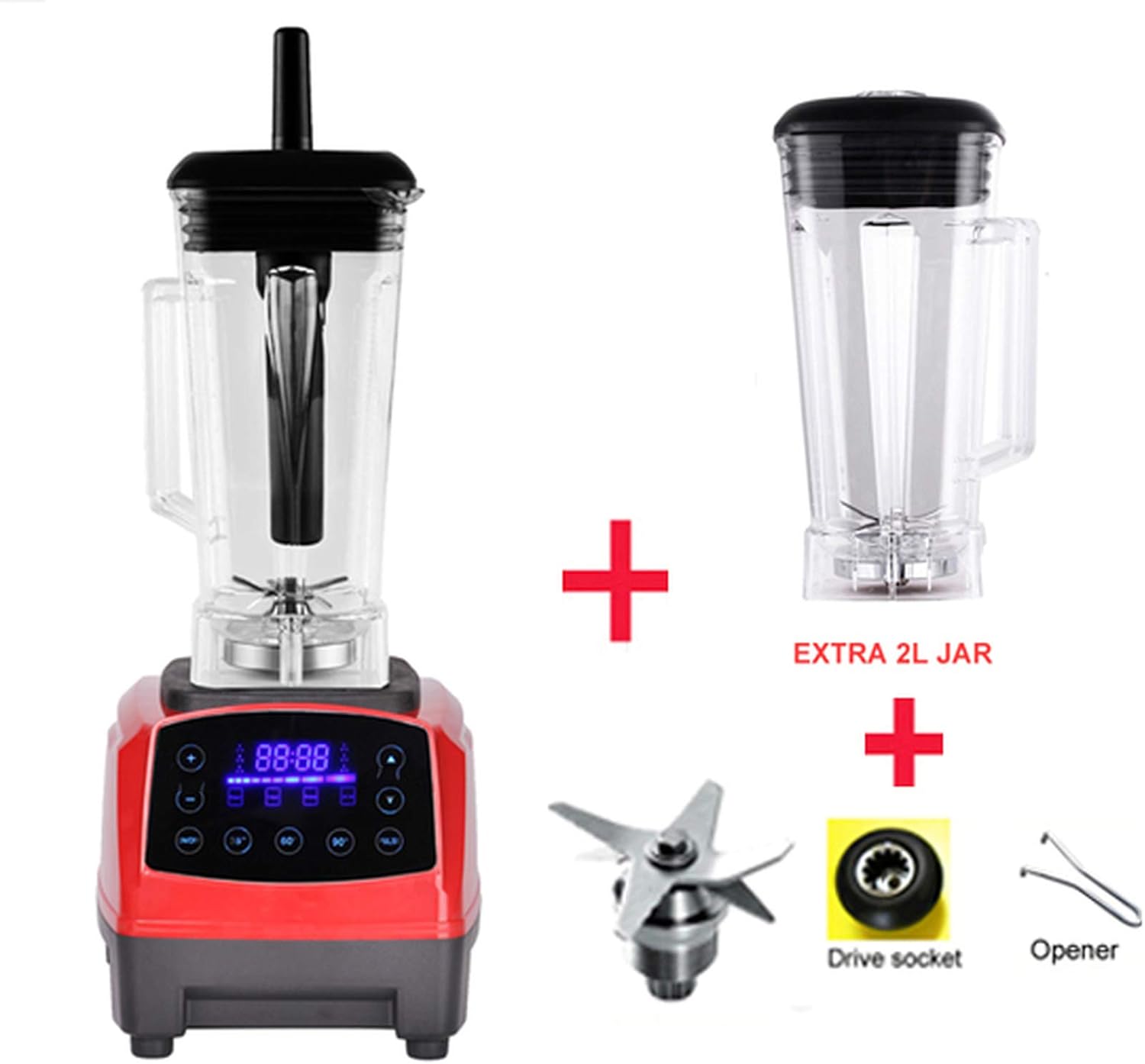 Automatic Digital Smart Timer Program 2200W Heavy Duty Power Blender Mixer Juicer Food Processor Ice Smoothie Bar Fruit,Red jar full parts,UK Plug