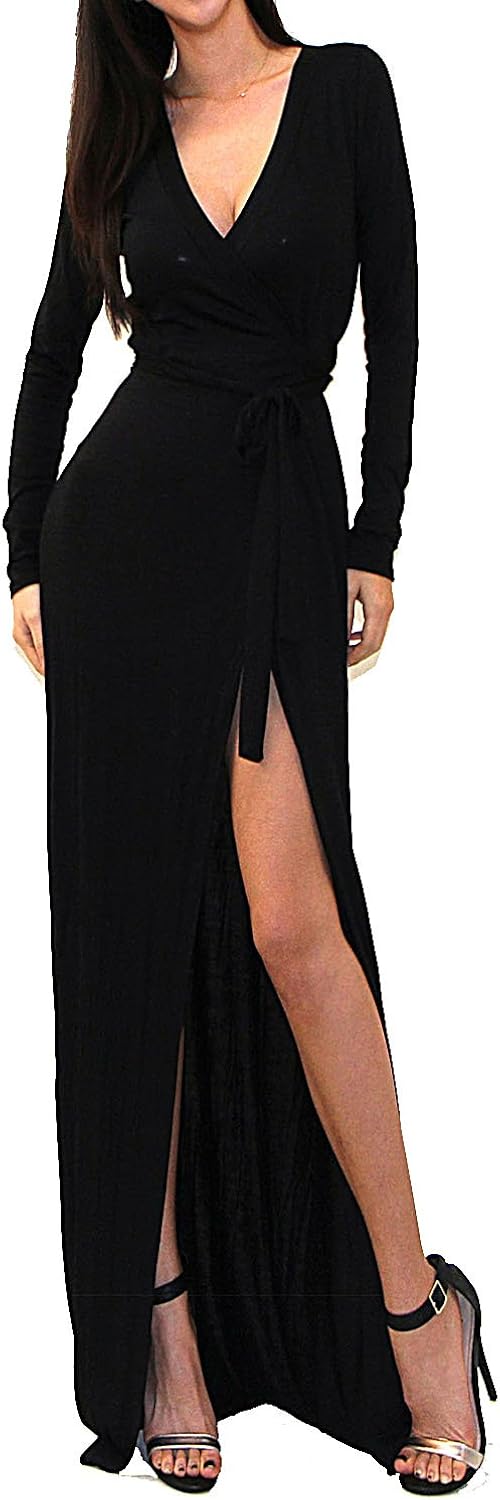 Vivicastle Women's USA Sexy Long Sleeve Tulip Wrap Slit Front Full Long Maxi Dress at  Women’s Clothing store