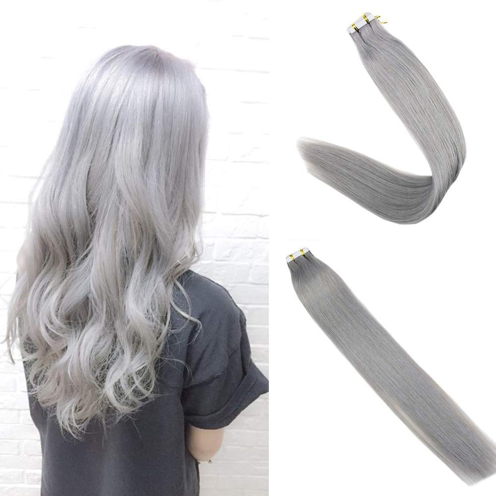 Easyouth Human Silver Grey Hair Tape Extentions 18inch 25g 10 Set