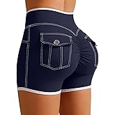 SEASUM Booty Butt Scrunch with Pockets Cargo Shorts V Waist Color & Stitching Gym Yoga Workout