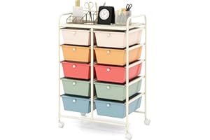 LDAILY Moccha 10-Drawer Rolling Storage Cart - Under Desk Storage Drawers with wheels for Craft Art Supply Paper Salon, Scrapbook Paper Tools, Mobile Utility Cart for Classroom, Macaron