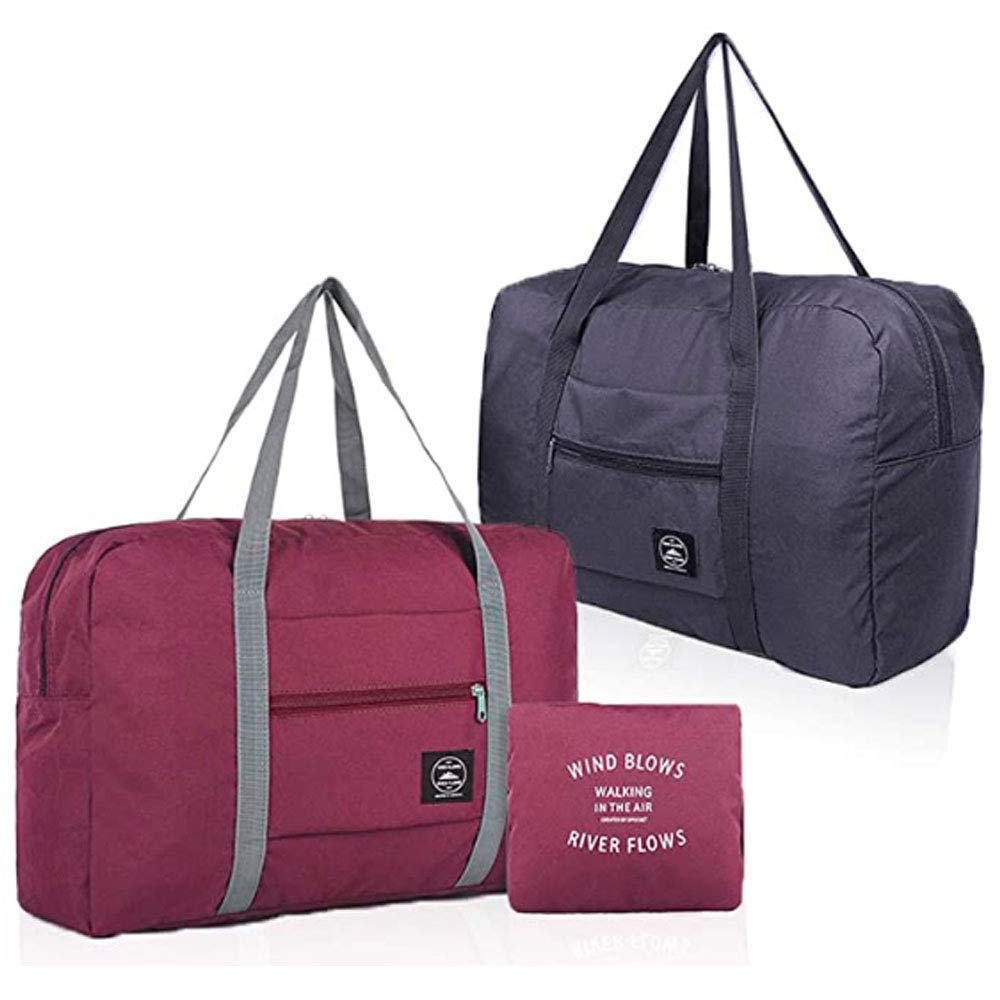 Photo 1 of 2 Pack Foldable Travel Bag Waterproof Travel Duffel Bag,Women Ladies Man Canvas Weekender Bag Overnight Carry-on Tote Duffel in Trolley Handle (Black&Rred)…