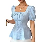 Floerns Women's Puff Sleeve Jacquard Blouse Tops Square Neck Bow Tie Smocked Cute Going Out Peplum Tops