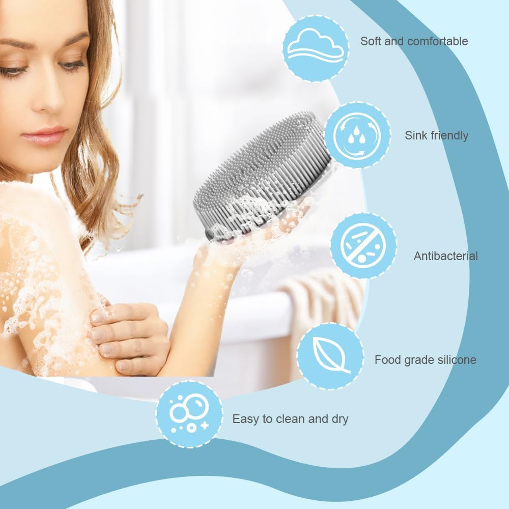 Silicone Body Scrubber, Exfoliating Silicone Loofah, Soft Silicone Body Shower, 2 in 1 Bath and Shampoo Brush, Body Scrubber Shower Cleaning for Sensitive Skin, Lather Well 2 PCS Grey and Blue