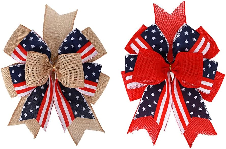 Bows & Ribbons - Meseey Patriotic Bows for Wreaths Large Burlap Red White Blue Stripe Stars Bow for 4th of July Independence Day Decor,Decorations Bunting Indoor Outdoor Decor and Patriotic Party (12”x9.4 inch)