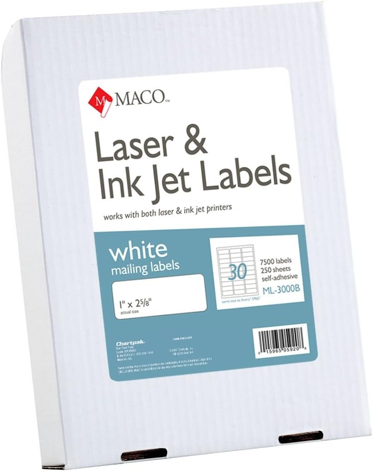 MACO Laser/Ink Jet White Address Labels, 1 x 2-5/8 Inches, 250 Sheets, 7500 Per Box (ML-3000B) : Office Products