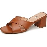 Rekayla Women's Square Open Toe Heels Heeled Sandals Low Block Chunky Heels Cross Strap Slip on 2.5 Inch Heel Sandals Comfortable Casual Summer Mules Shoes