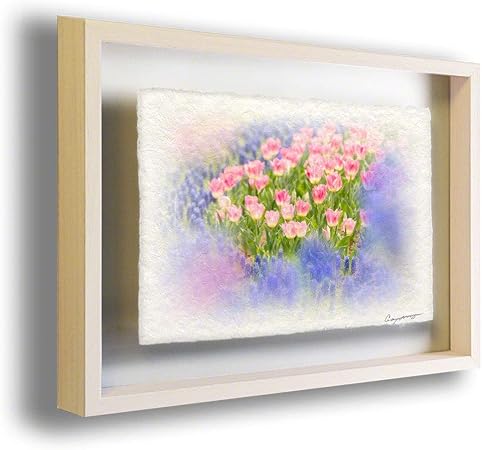 和紙 額付き アート フレーム 花 春 青いムスカリとピンクのチューリップの花畑 31x23cm 絵 絵画 ポスター 玄関 インテリア おしゃれ 風景 画 壁 掛け 和 モダン 和風 癒し