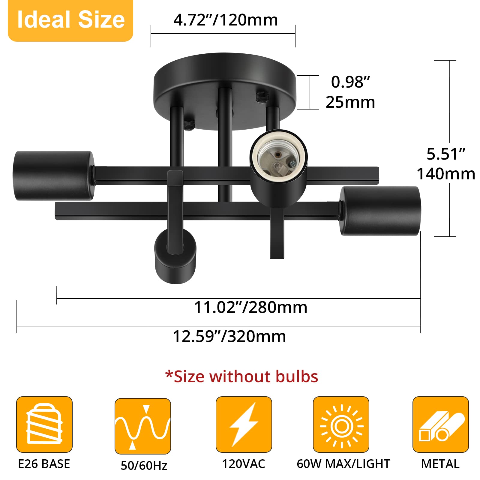 SunRider Industrial 4-Light Semi Flush Mount Ceiling Light Fixture, Modern Farmhouse Lights Matte Black, Rustic Sputnik Chandelier for Bedroom Foyer