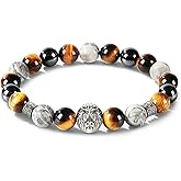 Men's Beaded Bracelet, 10MM Elastic Adjustable Natural Gemstone Bracelet with Stainless Steel Lion Head, Symbolizing Courage & Strength, Gift for Men, Anniversary, Thanksgiving, Christmas, Lapis Lazuli/Map Stone/Terahertz/Hematite/Tiger Eye/Black Onyx/Snowflake Obsidian