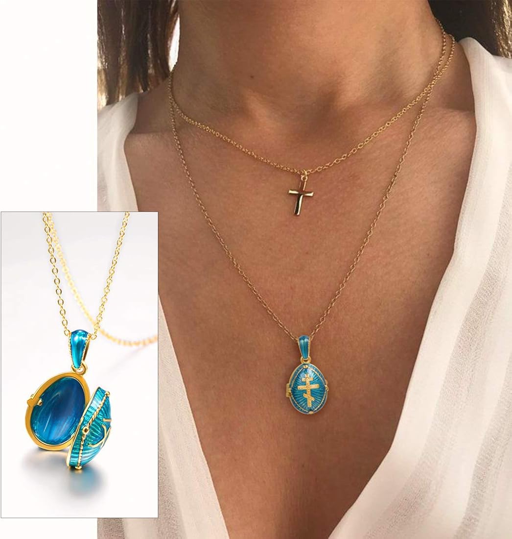 U7 Blue Green Oval Locket Necklace With Orthodox Cross Pendant for Men Women Religious Christian Jewellery - Image 3