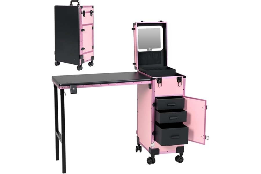 Rolling Portable Manicure Table with 3 Drawers, Lockable Makeup Train Case with Detachable Mirror, Foldable Nail Desk with Wheels & Handle, Mesa de Uñas Profesional para Nail Techs & Salon Use, Pink