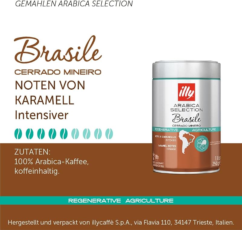 , Cafè Moulu pour Espresso Torréfié Arabica Selection Brésil Cerrado Mineiro, 100% Arabica avec des Notes de Caramel et de Fruits Secs, Goût Prononcé, Paquet de 6 Boîtes (6 x 250g)