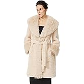 BEAUZSUZSANA Luxurious Faux Fur Coat with Belt and Pockets Elegant Winter Knee Length Fur Jacket for Women Solid Color