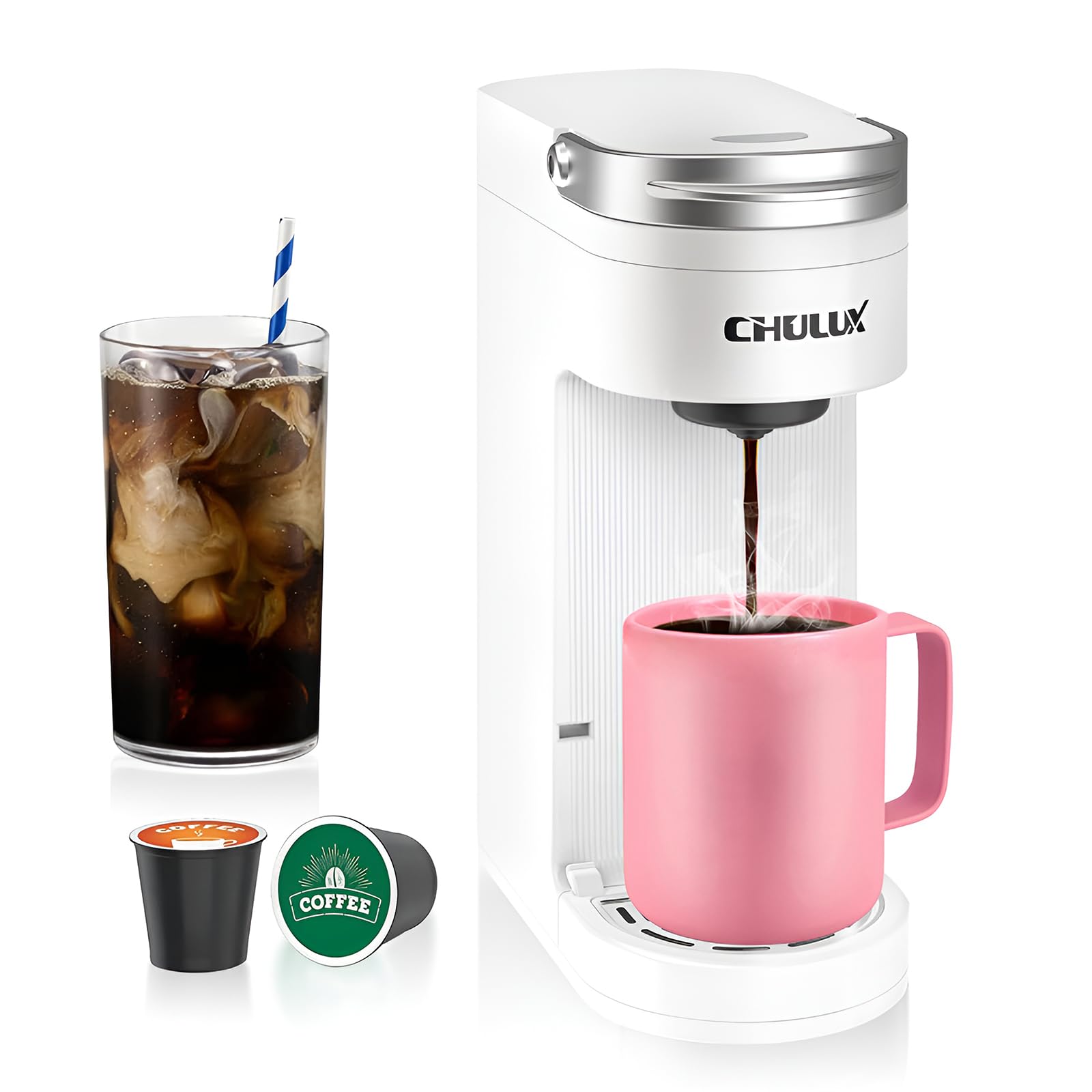Photo 1 of CHULUX Slim Single Serve Coffee Maker for K Cup Pods, One Cup Coffee Maker Fits 7.3" Travel Mugs, Coffee Machine with 6 to 12oz Brew Sizes, White