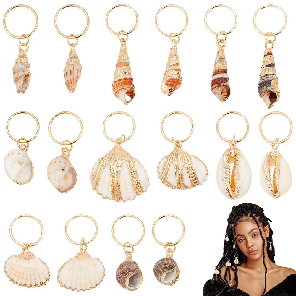 PLIGREAT 16 Pcs Seashell Conch Dreadlock Rings Charms Set - DIY Locs Accessories, Beach Shell Pendant for Women Men Braids Ponytail Decor, 8 Styles