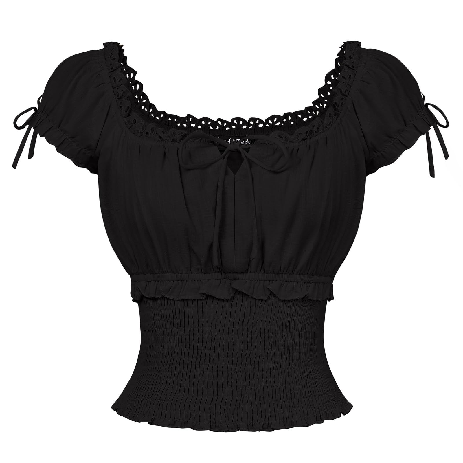 SCARLET DARKNESS Women Renaissance Cotton Short Sleeve Square Neck Top Smocked Waist U-Back Ruffled Cuff Blouses Black XXL