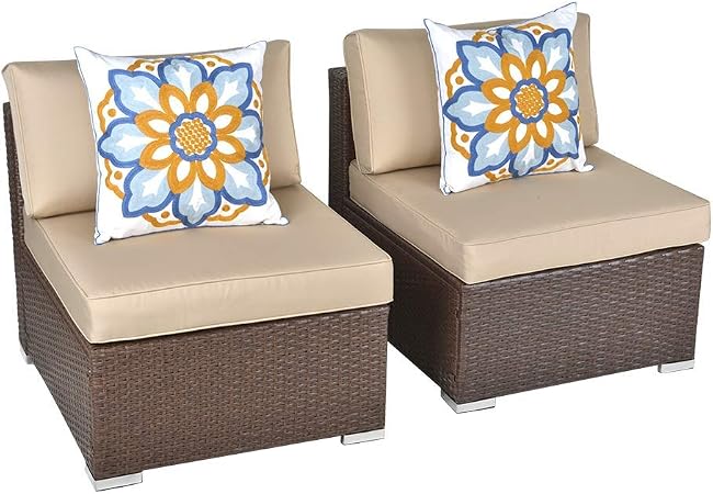 Amazon Com Sunvivi Outdoor Patio Wicker Loveseat 2 Piece Outdoor Sectional Armless Sofa Additional Furniture Set With Removable Beige Cushions Brown Garden Outdoor