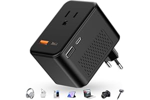 APZEK US to Europe Travel Adapter Voltage Converter, 220V to 110V International Power Converter Adapter Combo Plug, PD 20W Quick Charging, 2 USB-A & 2 USB-C Port, US to Italy Spain France European (Black)
