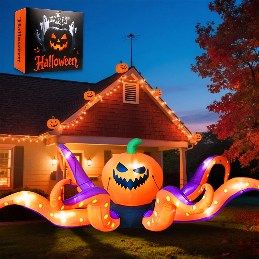 Photo 1 of GARIG 12FT Halloween Inflatables Outdoor Decorations Pumpkin Octopus Tentacles Build-in LEDs Lights Blow Up Yard Decorations for Garden Lawn Window Indoor Party Holiday Decor