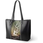 ZHIYONG Soft Leather Tote Bag for Women with Leather Handles, Elegant Two-Way Handbag & Shoulder Bag, Spacious for Work, Travel, Shopping, and Casual Outings, Black with White Deer Design