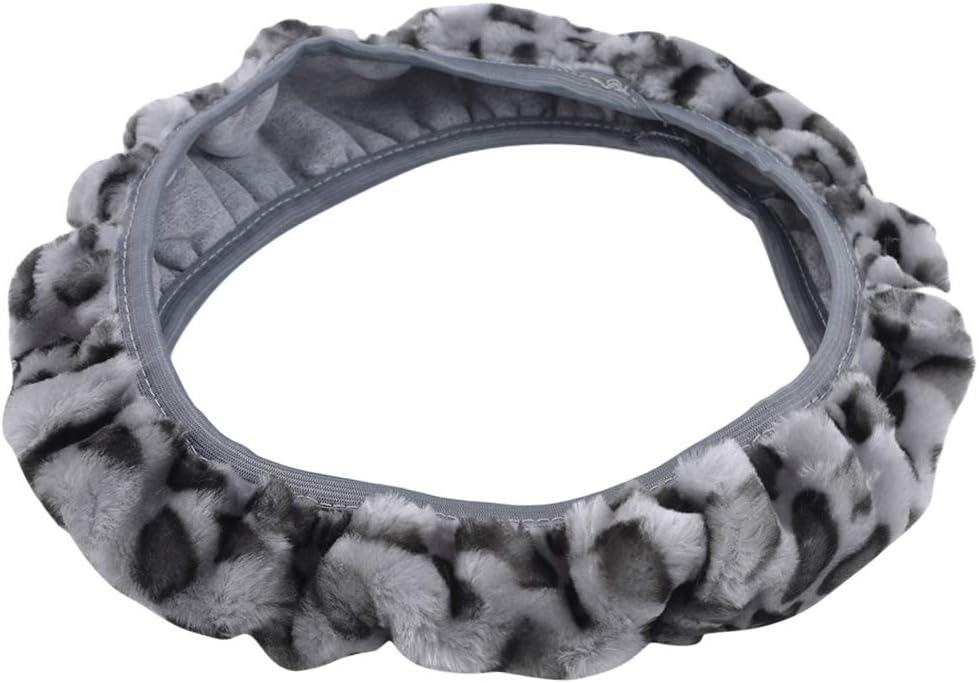 GloryMM Car Steering Wheel Covers Plush Leopard Print Universal Steering Wheel Protector Accessories,Gray