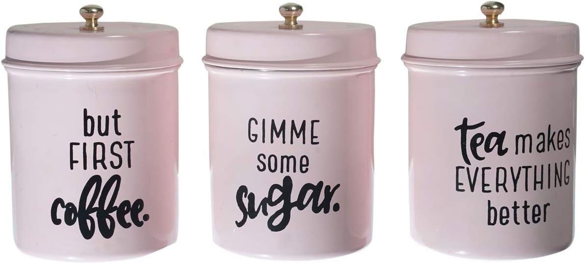 anantam Airtight Round Quoted Stainless Steel Canister Container for Kitchen Countertop Food Storage Tin Holder Cooking Utensils Antique Organizer Home Decorative Supplies, (Set of 3)