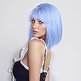 SUKRI Light Blue Bob Wig with Bangs Short Straight Blue Wig for Women Shoulder Length Wigs Colorful Synthetic Wig for Daily Use Party Cosplay(12Inch)