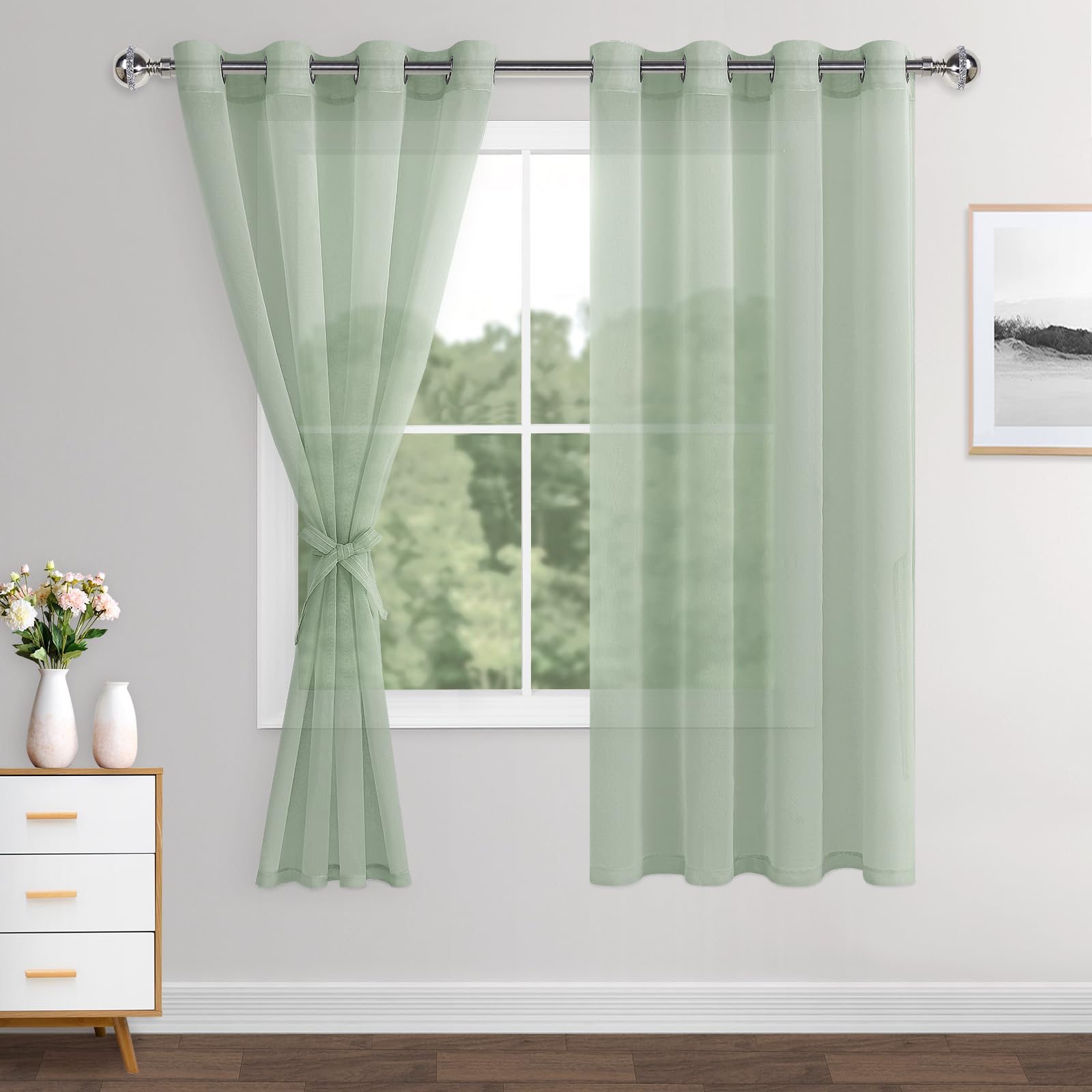 XWZO Linen Look Voile Curtains Bean Green,Grommet Top Semi Transparent Eyelet Sheer Drapes for Living Room,Kids Room,W55*L63,2 Panels