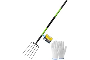 FORCOLID Pitch Fork-57 Inch，5-Tine Steel Garden Fork Heavy Duty, Mulch with Cushion Grip, Green Fiberglass Handle