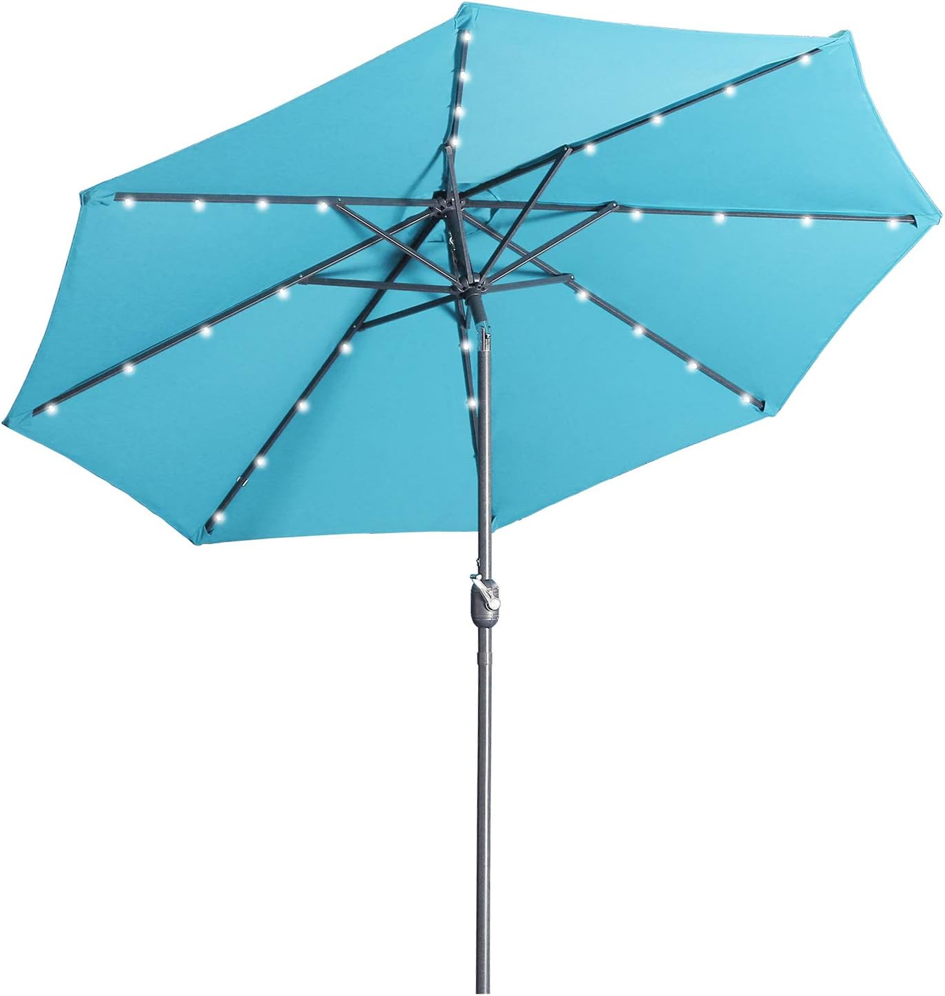 Amazon Com Aok Garden 9 Ft Patio Umbrella With Solar Lights Outdoor 32 Led Table Umbrella 8 Ribs With Push Button Tilt And Crank For Market Deck Backyard And Pool Blue Garden Outdoor