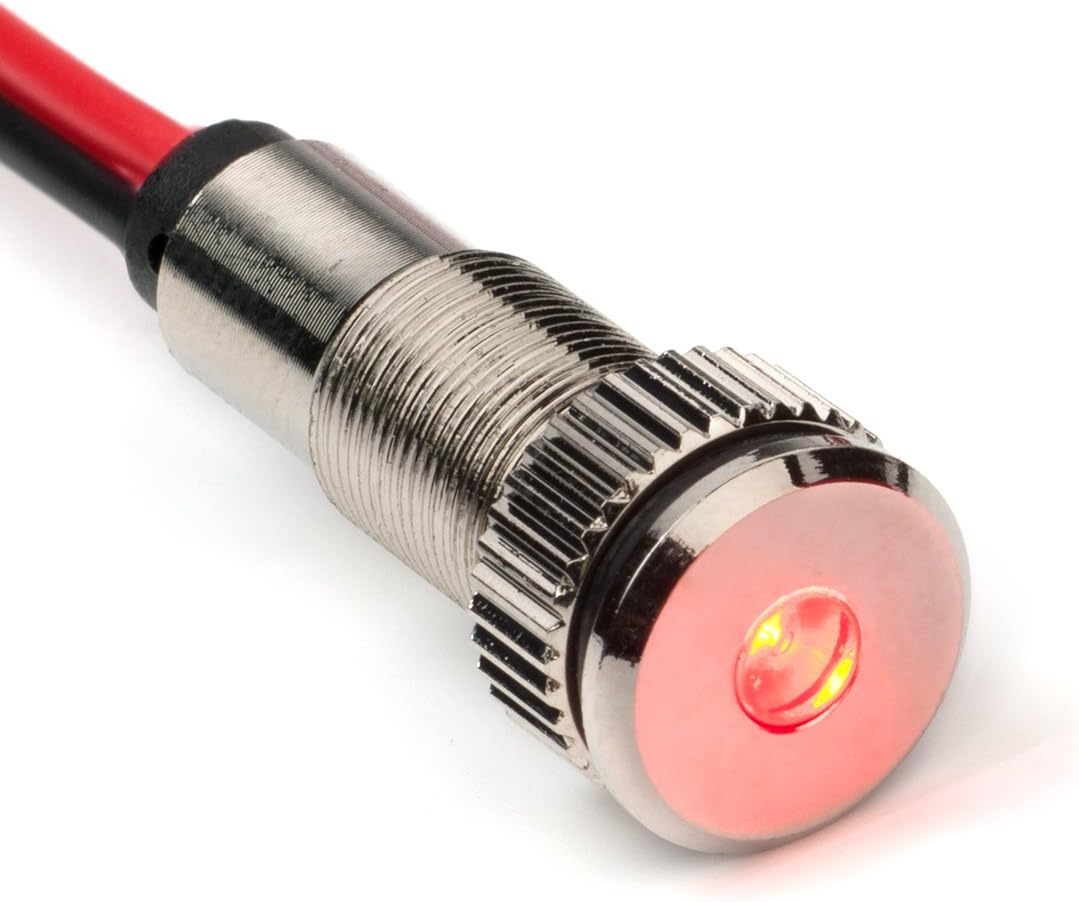 PLUG-N-PLAY Instrument Cluster LED Indicator Light Dash Bulbs. Aluminum Pilot Lights. Colored Acrylic Lens. Flush Panel Mount 5/16" 8mm 12V for Speedometer Odometer Tachometer (Silver Bezel, Red LED)