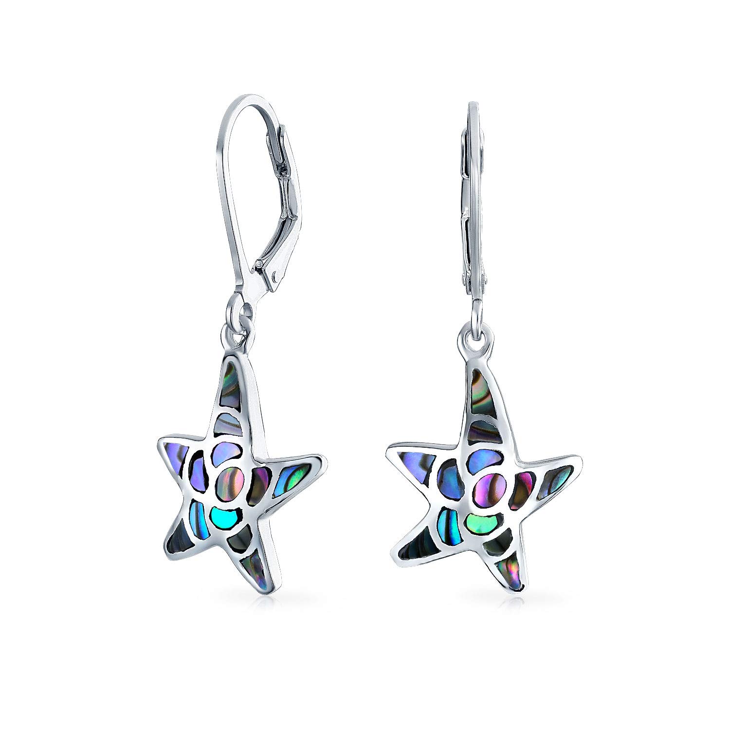Nautical Vacation Honeymoon Marine Life Beach Iridescent Abalone Shell Inlaid Drop Starfish Earrings For Women Teen .925 Sterling Silver Lever Back