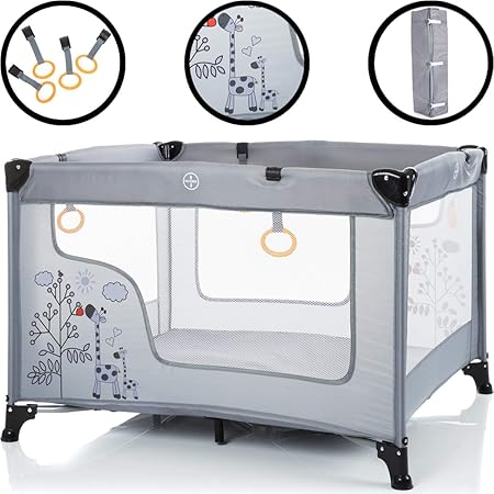 Spielstall Laufstall Reisebett mit Matratze (Design: GIRAFFE) + 4 Greifringe