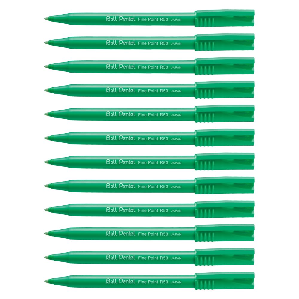 Pentel R50 Rollerball Pen Green Barrel Water-based 0.8mm Tip 0.4mm Line Green Ref R50-D [Pack of 12]