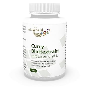 Vita World Eisen 14mg aus Curryblatt Extrakt plus Vitamin C 90 Kapseln Made in Germany