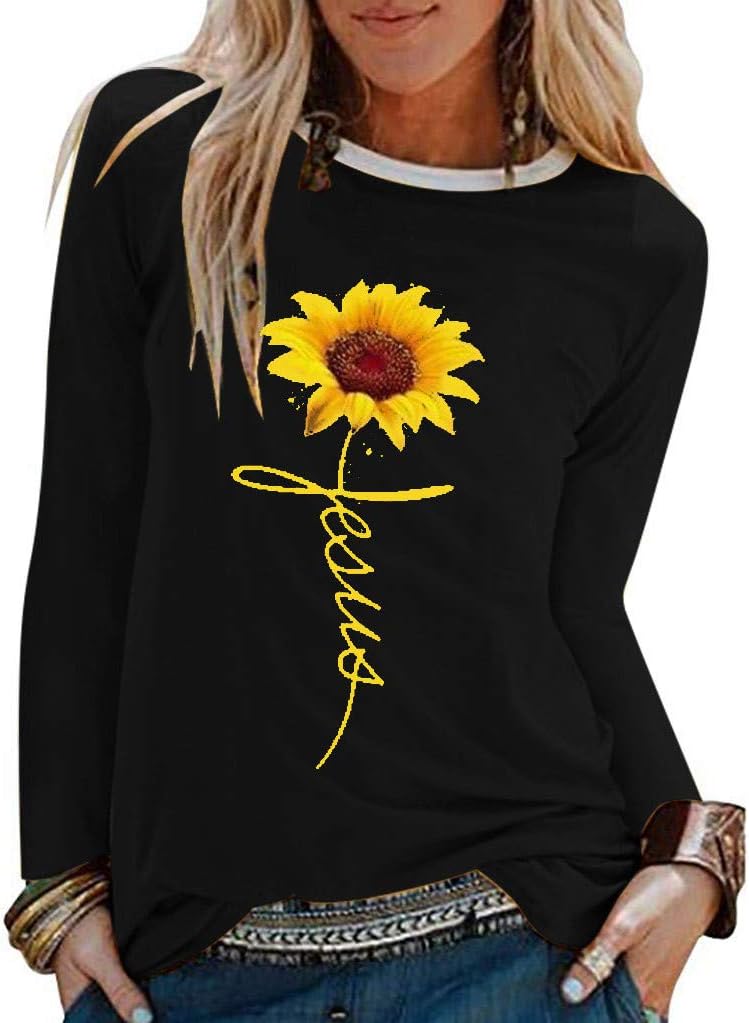 NANTE Top Loose Women's Blouse Sunflower Print T-Shirt Long Sleeve Tops O Neck Shirts Shirt Ladies Clothes Womens Costume