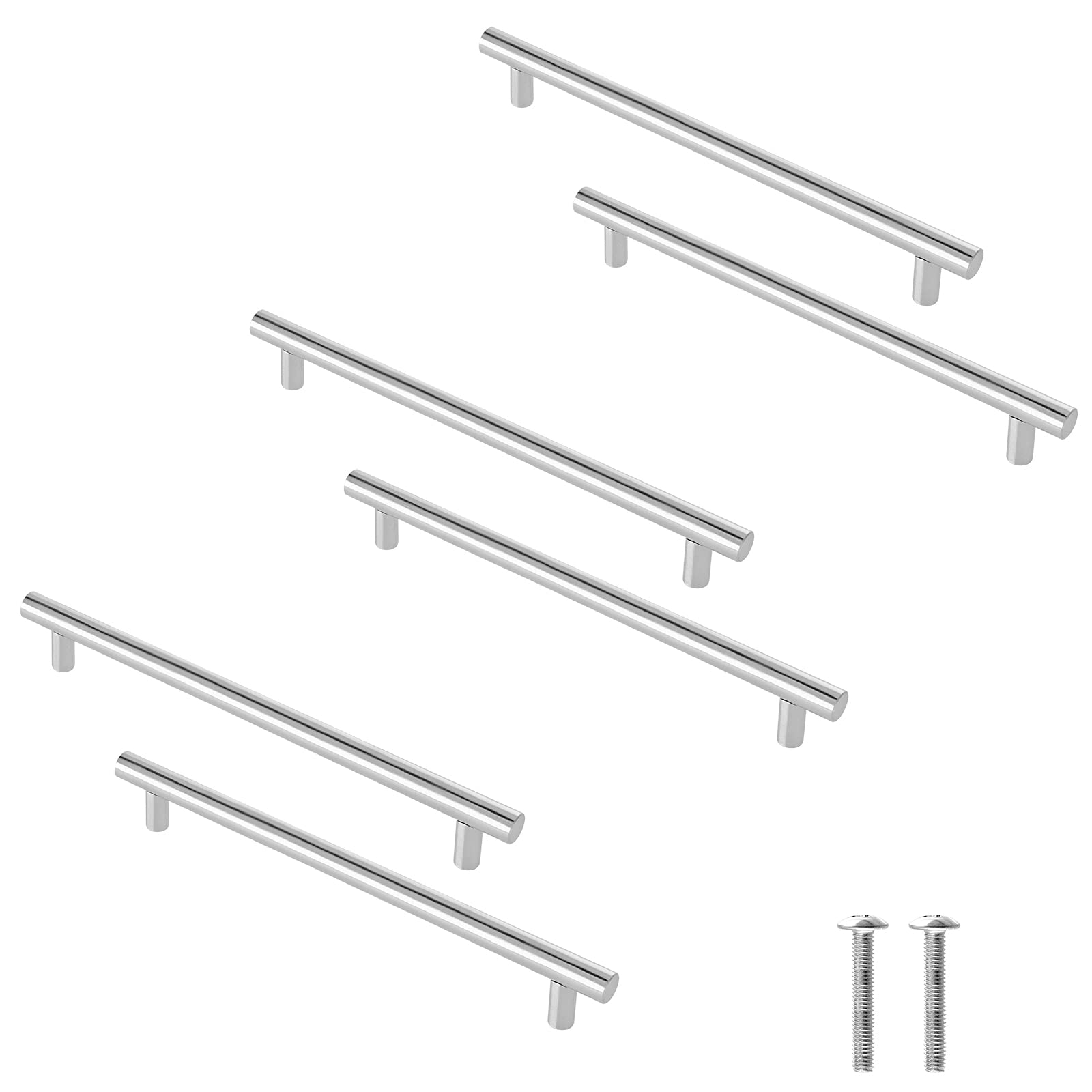 Cjueiom 6 Pack Nickel Handles - 128mm Cupboard and Wardrobe Pulls, 200mm Length Stainless Steel Drawer Handles for Bedroom and Kitchen Cabinets