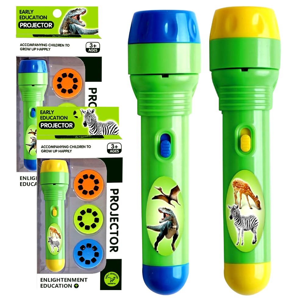 Children Projector Toys, 2 Pcs Kids Night Light Torches Animal Projector Torch with 3 Discs 24 Images Slide Projectors Torch Light Fun Flashlight Plastic Flashlight Toy for Toddler Children Gifts
