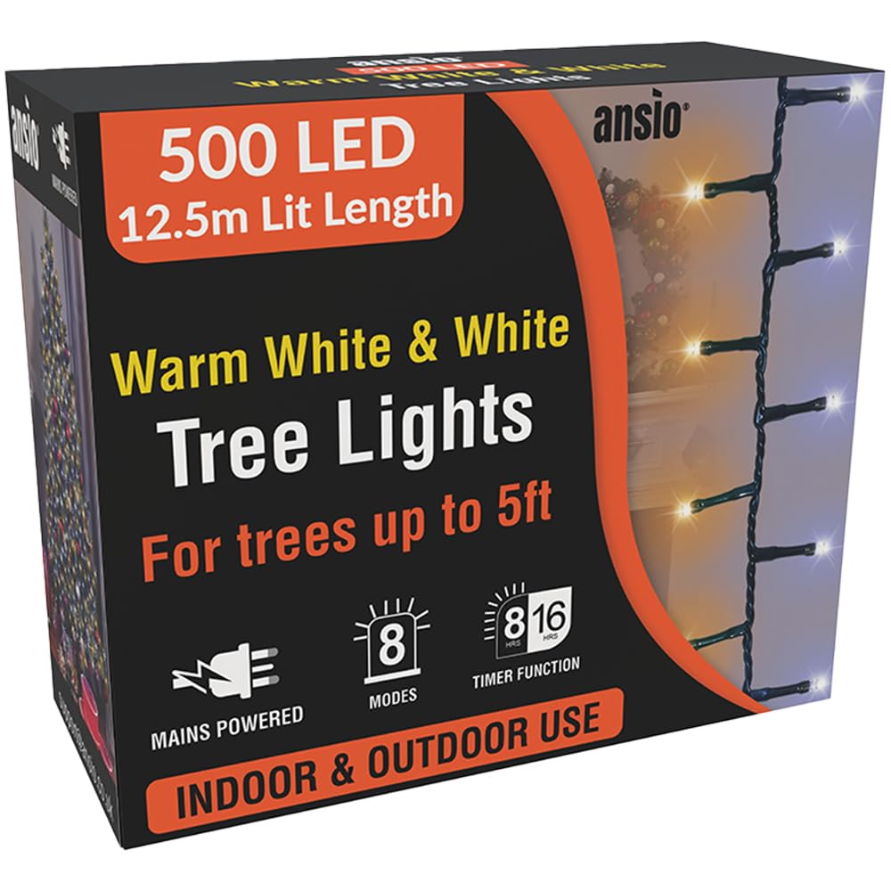ANSIO® Christmas Tree Lights 500 LED 12.5m/41ft - Warm & Cool White Cluster Compact Lights for Indoor & Outdoor Decorations Fairy Lights with Timer for Xmas Garden & Party | Mains Powered Green Cable