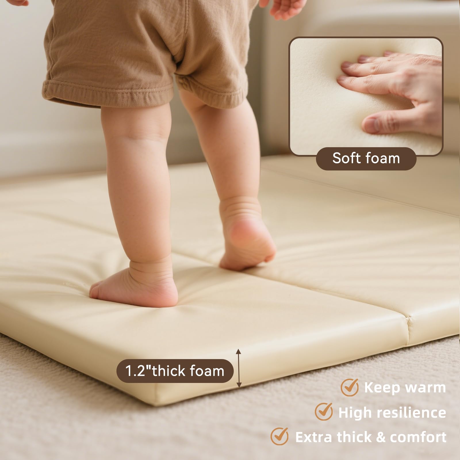 Foam Baby Play Mat: PU Leather Waterproof Kids Playmat - Trifold Floor Mat - Large Play Mat for Playpen Thick Pad Fodable Mattress Soft Toddler Mattress Infant Cushion for Preschool (Beige)
