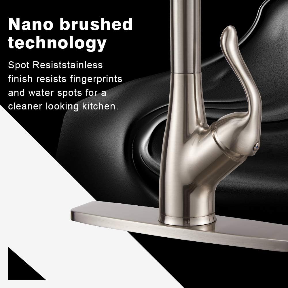 Modern Single Handle Pull Down Sprayer Kitchen Faucet, Brushed Nickel Kitchen Sink Faucets Stainless Steel High arc with Deck Plate - - 