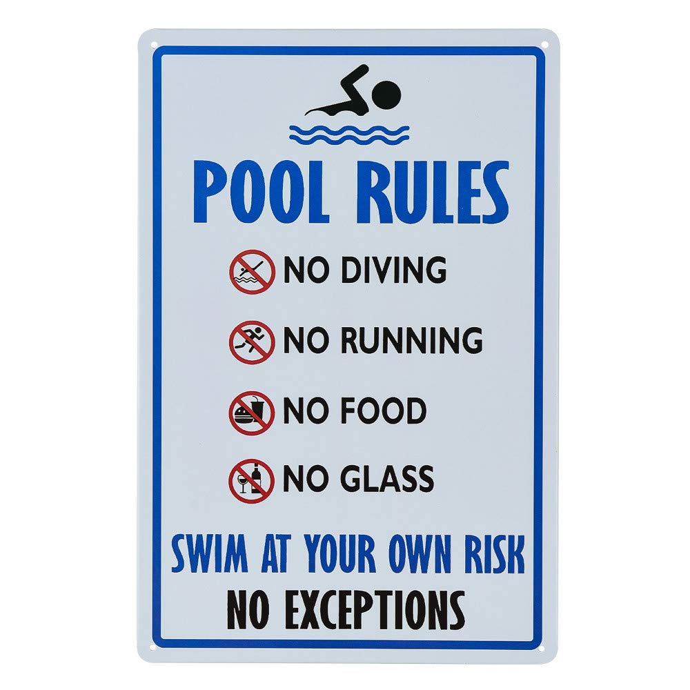 Pool Rules Sign, No Diving No Running No Food No Glass, 8x12 Rust Free UV Printed, Easy to Mount