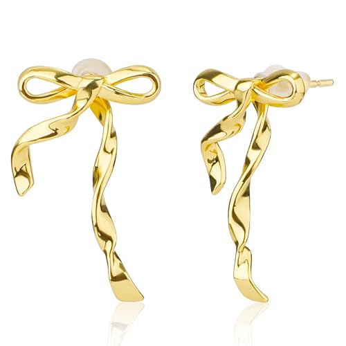 Gold Bow Earrings, Irregular Bow Knot Stud Earrings Stylish Ribbon Earrings Elegant Jewelry Gift for Women Girls