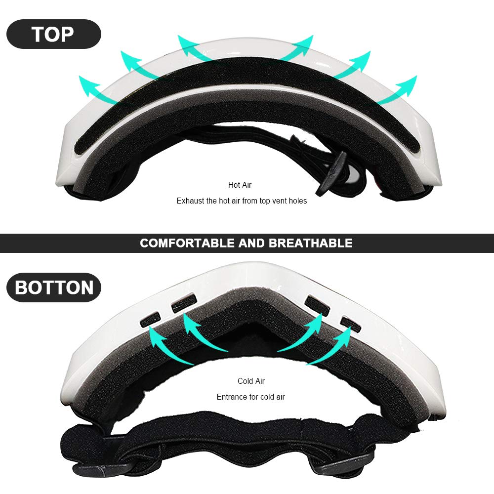 VAPELOPEK Ski Goggles OTG UV Protection Over Glasses Ski Snowboard Goggles for Men, Women&Youth (White Frame Green Lens)